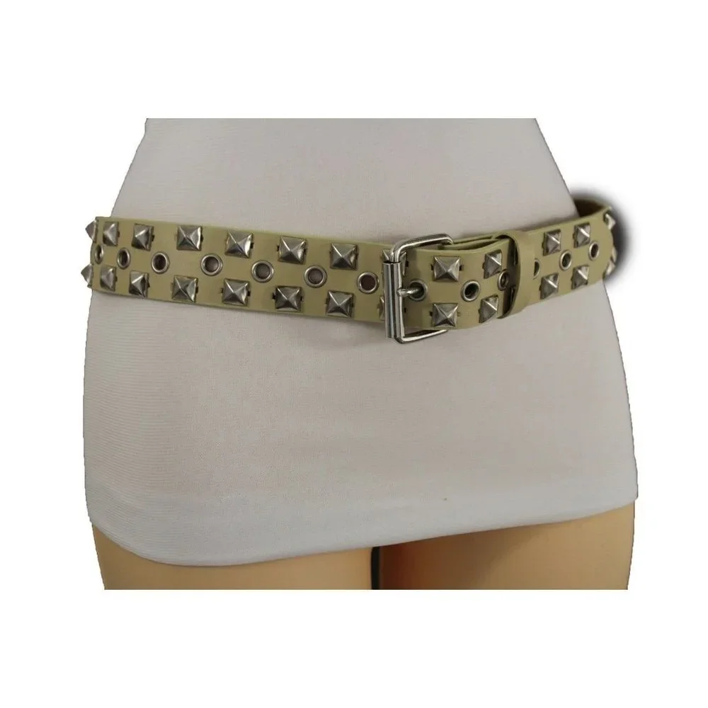 New Women Men Fashion Belt Beige Faux Leather Silver Metal Studs Size S M L XL - Picture 8 of 17